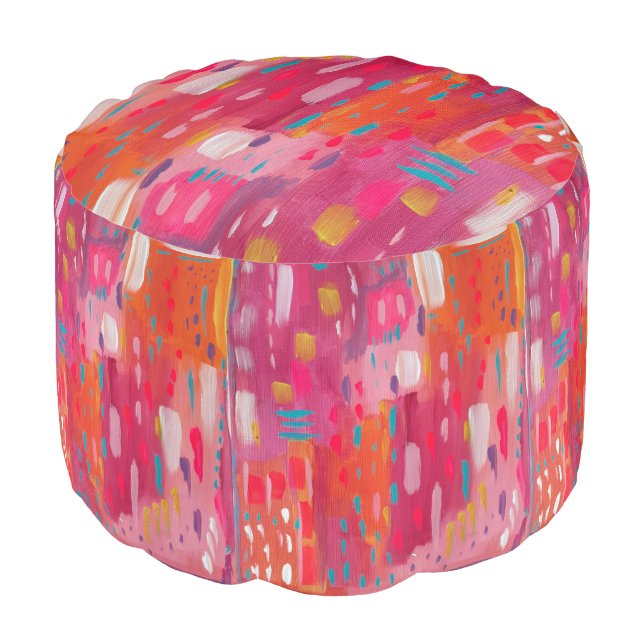 Pink and Orange Brush Marks Abstract Pouf (Angled Front)