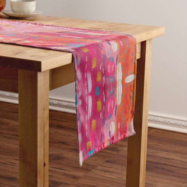 Pink and Orange Brush Marks Abstract  Short Table Runner (In Situ)