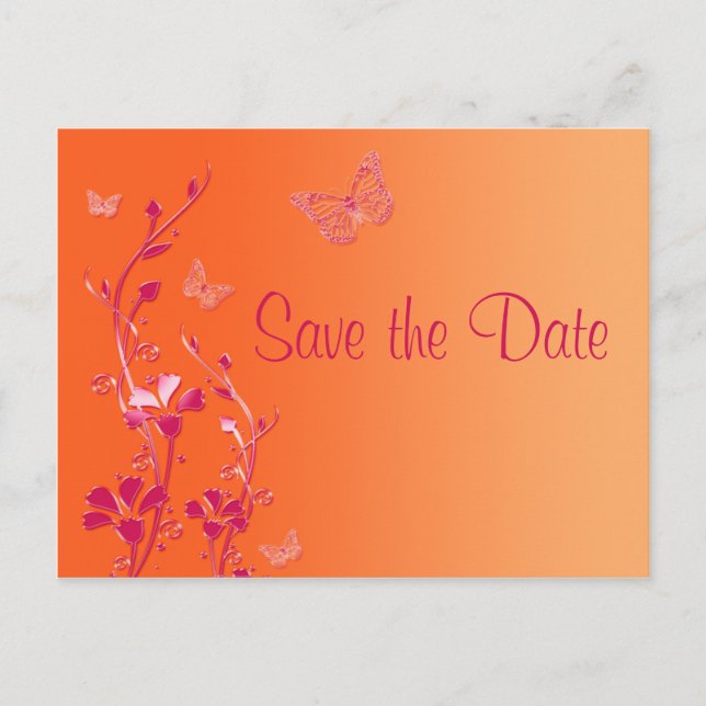 Pink and Orange Butterflies Save the Date Postcard (Front)
