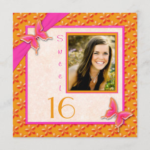 Pink and Orange Butterfly Sweet 16 PHOTO Invite