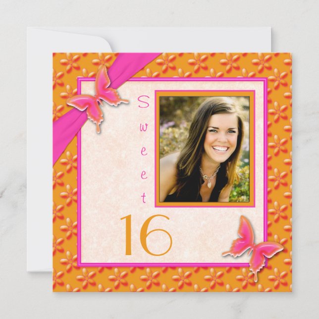 Pink and Orange Butterfly Sweet 16 PHOTO Invite (Front)