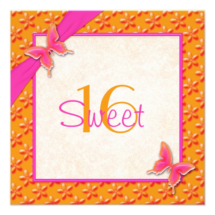 Pink and Orange Butterfly Sweet Sixteen Invitation