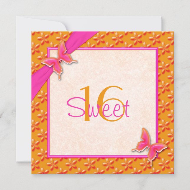 Pink and Orange Butterfly Sweet Sixteen Invitation (Front)