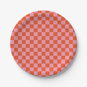 Pink and Orange Check Round Paper Plates