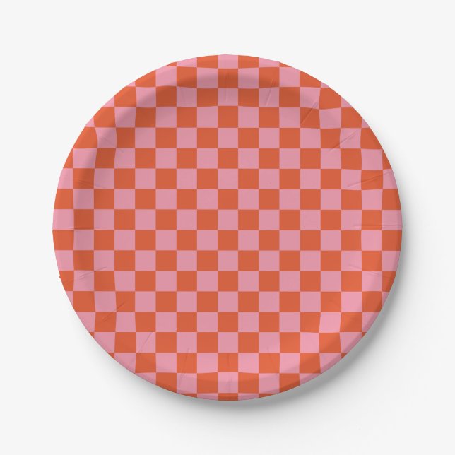 Pink and Orange Check Round Paper Plates (Front)