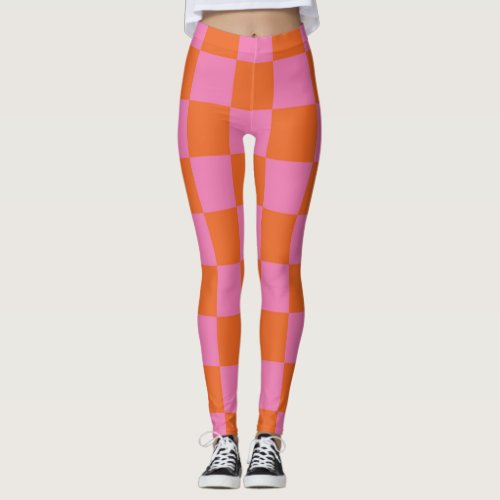 Pink and Orange Checkered Pattern Leggings