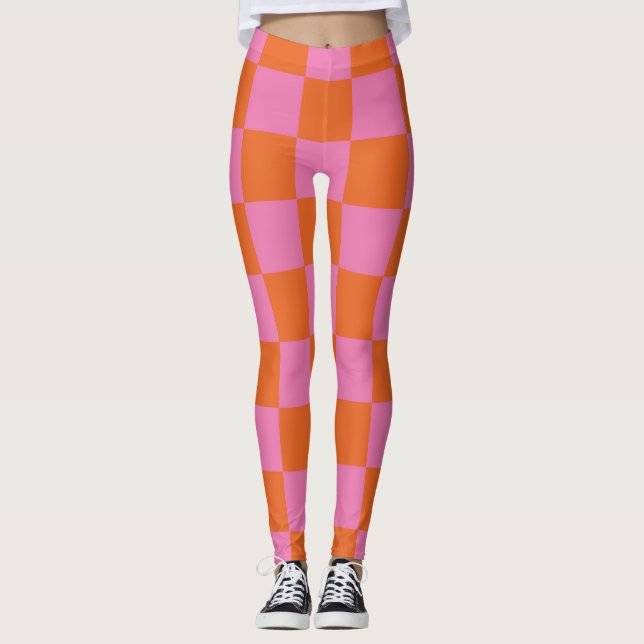 Pink and Orange Checkered Pattern Leggings (Front)