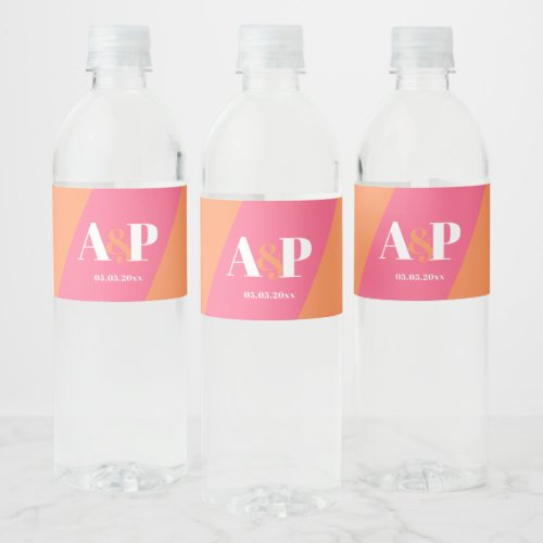 Pink And Orange Colorblock Wedding Shower Party Water Bottle Label