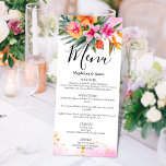 Pink and Orange Colorful Tropical Floral Wedding Menu<br><div class="desc">The tropical wedding design is perfect for couples who are planning a summer, beach or destination wedding. Menus feature a beautiful and vibrant watercolor design with tropical flowers in shades of pink and orange, reminiscent of a gorgeous island paradise, it is accented with faux gold glitter elements that add a...</div>