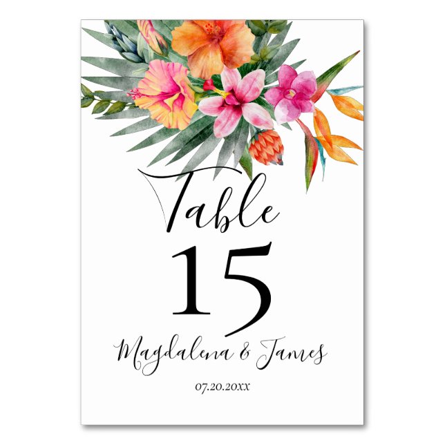 Pink and Orange Colorful Tropical Floral Wedding Table Number (Front)