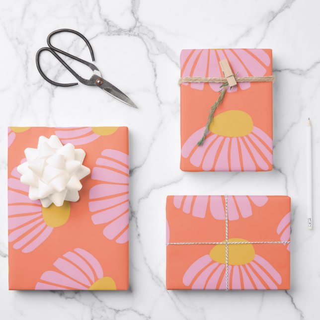 Pink and Orange Daisy Flower Pattern Wrapping Paper Sheets (Front)
