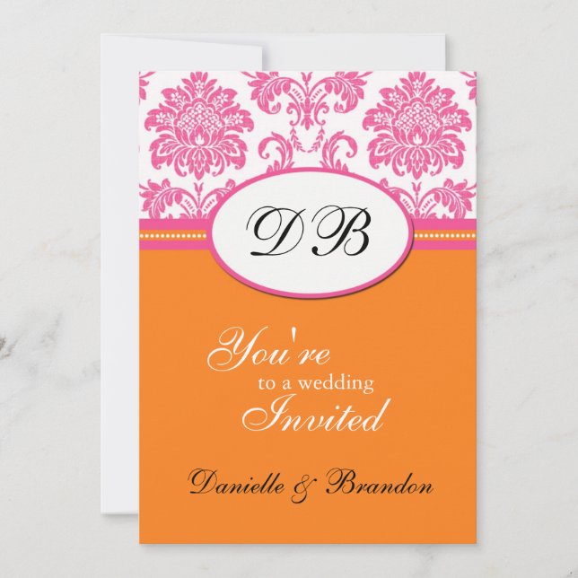 Pink and Orange Damask Monogram Wedding Invitation (Front)