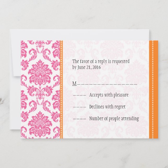Pink and Orange Damask RSVP Cards (Front)