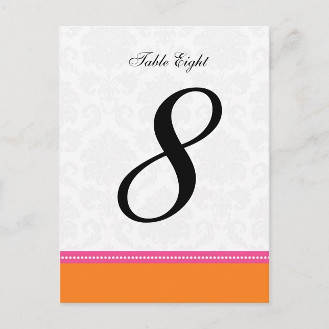 Pink and Orange Damask Wedding Table Number (Front)