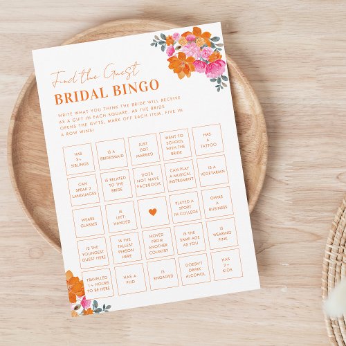 Pink and Orange Find the Guest Bridal Bingo Game Invitation