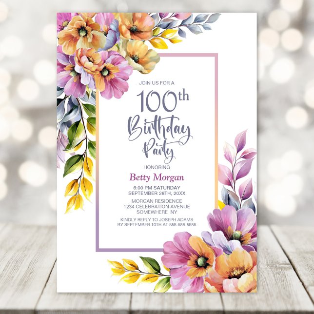 Pink and Orange Floral 100th Birthday Party Invitation (Creator Uploaded)