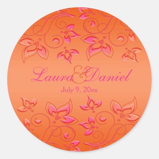 Pink and Orange Floral 1.5" Round Wedding Sticker (Front)