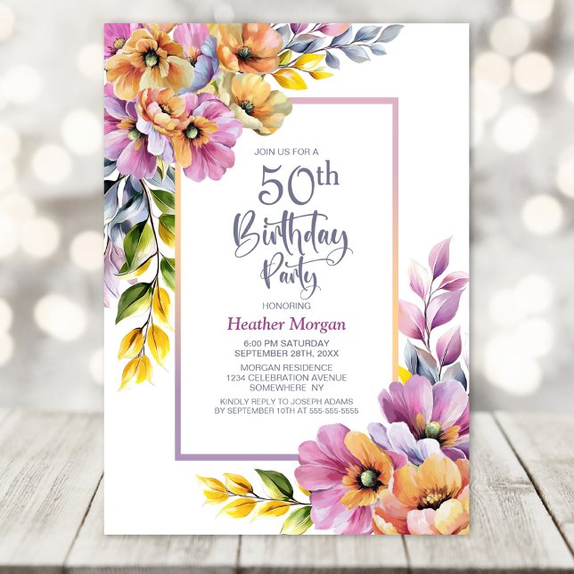 Pink and Orange Floral 50th Birthday Party Invitation (Creator Uploaded)