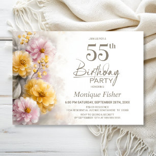Pink and Orange Floral 55th Birthday Party Invitation