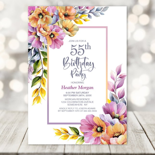 Pink and Orange Floral 55th Birthday Party Invitation (Creator Uploaded)