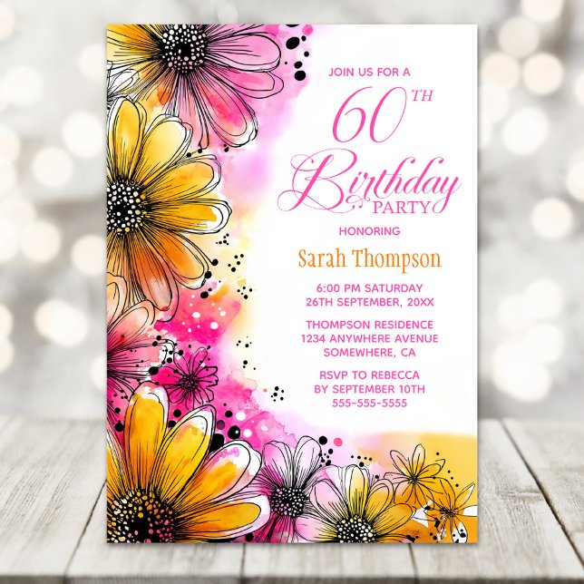 Pink and Orange Floral 60th Birthday Party Invitation (Creator Uploaded)