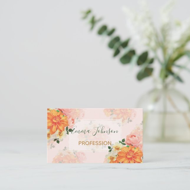 Pink and Orange Floral Art Design Business Card (Standing Front)