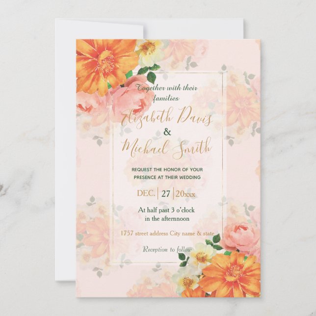 Pink and Orange Floral Art Design Invitation (Front)