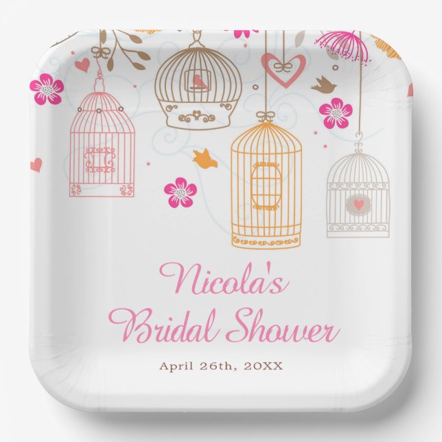 Pink and Orange Floral Bird Cages Bridal Shower Paper Plates (Front)