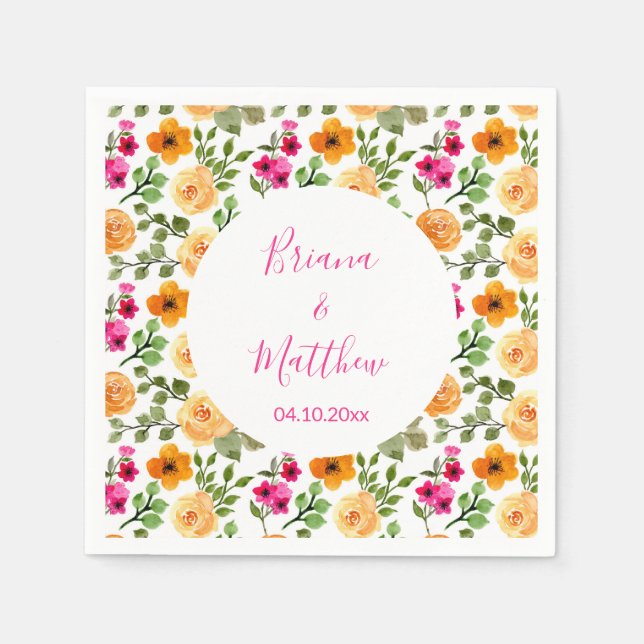 Pink and Orange Floral Elegant Script Napkins (Front)