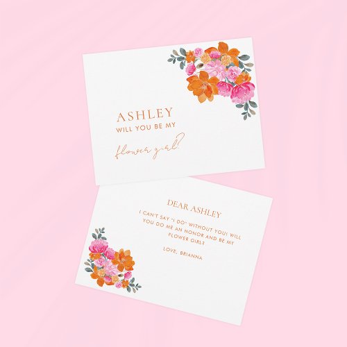 Pink and Orange Floral Flower Girl Proposal Card