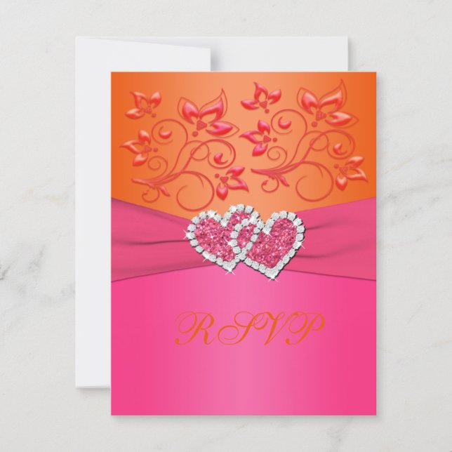 Pink and Orange Floral Joined Hearts Reply Card (Front)