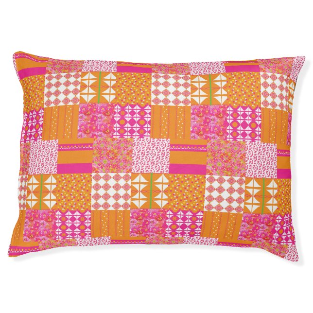 Pink and orange floral patchwork dog bed (Front)