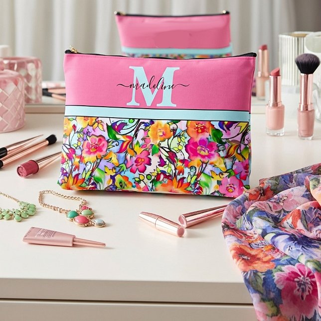 Pink and orange floral personalized accessory pouch (Creator Uploaded)