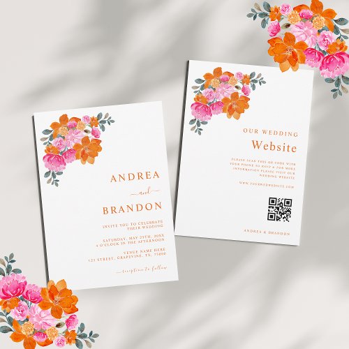 Pink and Orange Floral Qr Code Wedding All in One Invitation
