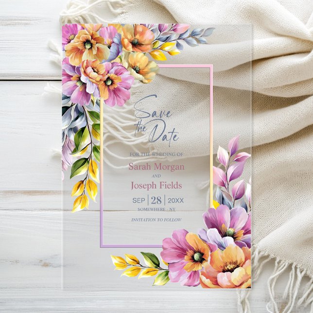 Pink and Orange Floral Save The Date Acrylic Invitations (Creator Uploaded)