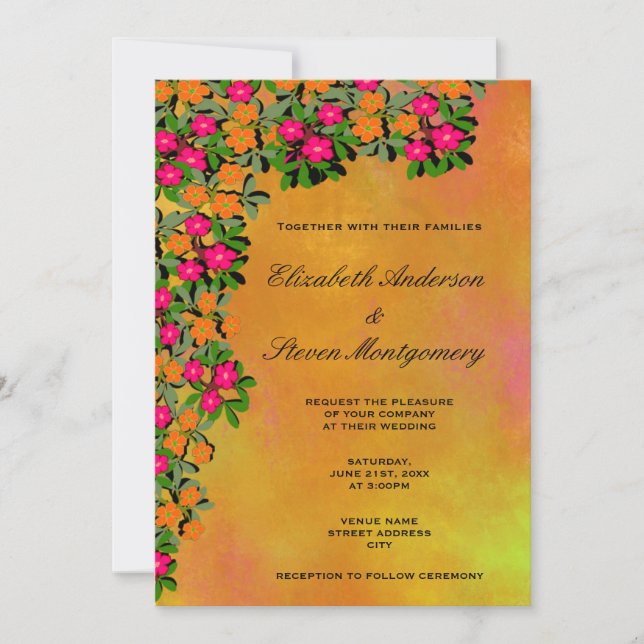 Pink and Orange Floral Themed Wedding Invitation (Front)