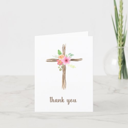 Pink and Orange Floral Watercolor Branches Cross Thank You Card