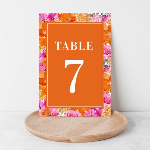 Pink and Orange Floral Watercolor Table 7 Wedding Table Number