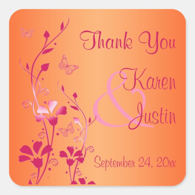 Pink and Orange Floral Wedding Favor Sticker (Front)