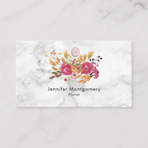 Pink and Orange Flower Bouquet on Marble Texture Business Card