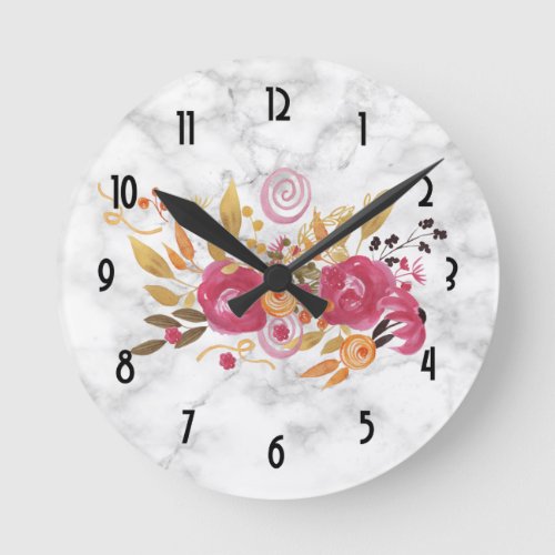 Pink and Orange Flower Bouquet on Marble Texture Round Clock