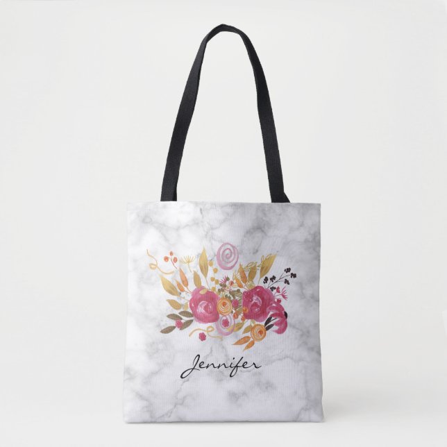 Pink and Orange Flower Bouquet on Marble Texture Tote Bag (Front)