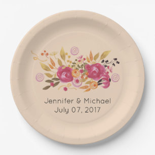 Pink and Orange Flower Bouquet on Peach Background Paper Plates