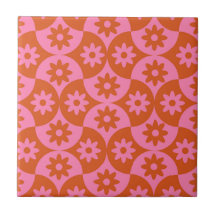 Pink and Orange Flowers on Mid Century Scallop 