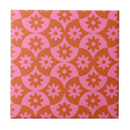 Pink and Orange Flowers on Mid Century Scallop  Ceramic Tile