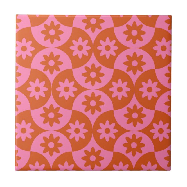 Pink and Orange Flowers on Mid Century Scallop  Ceramic Tile (Front)