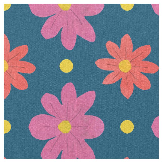 Pink and Orange Flowers, Polka Dots on Blue Fabric (Close Up)