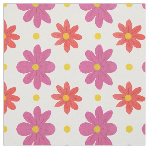 Pink and Orange Flowers Polka Dots on Whit Fabric