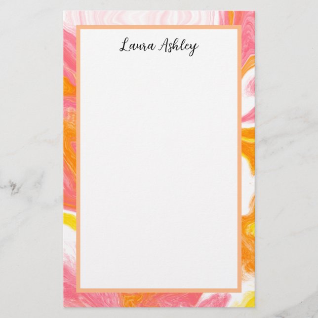 Pink and Orange Fluid Art Personalized  Stationery (Front)