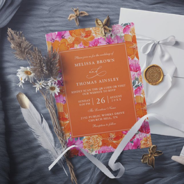 Pink and Orange Garden Budget QR Code Wedding Invitation (Creator Uploaded)